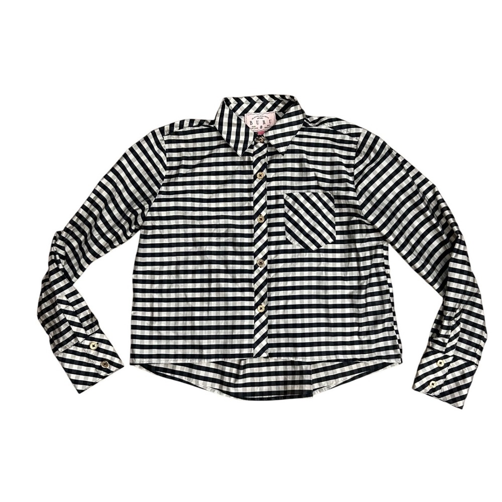 BURU Gingham Button Front Shirt Black White Checkered S preppy